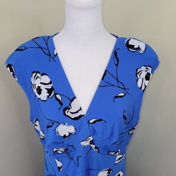 Evan Picone Black Label Floral Knee Length Dress V-Neck Sleeveless Blue Size 14 - Picture 8 of 14
